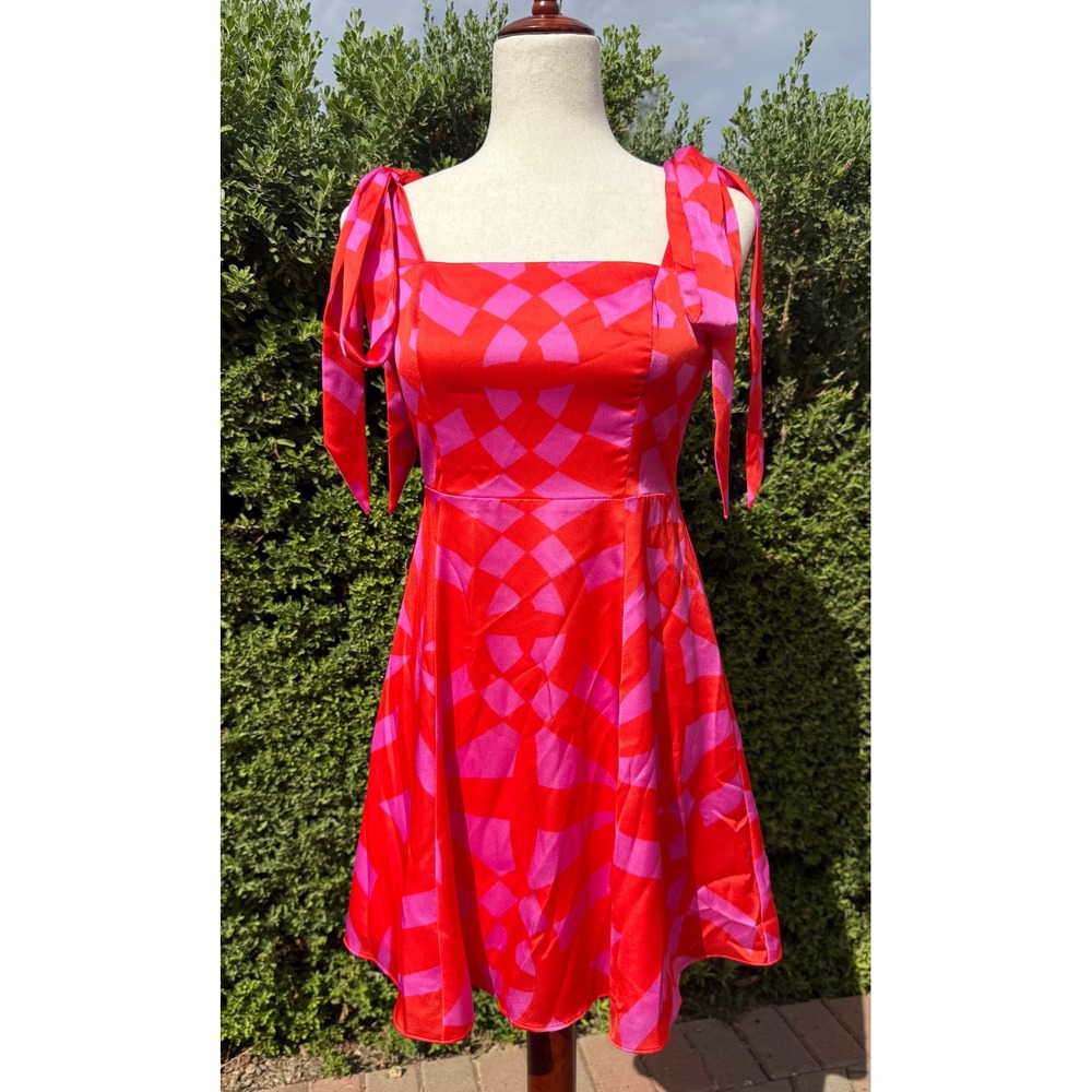 Venita Aspen Aria Dress Red Pink Geo Print Tie Shoulder Mini Dress 6 NEW